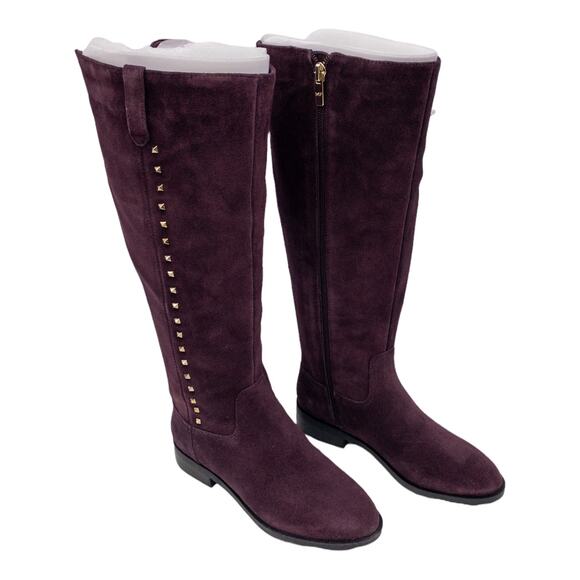 Marc Fisher Dark Red Secrit Suede Tall Silver Studded Wide Calf Heeled Boots 5 - Picture 3 of 10